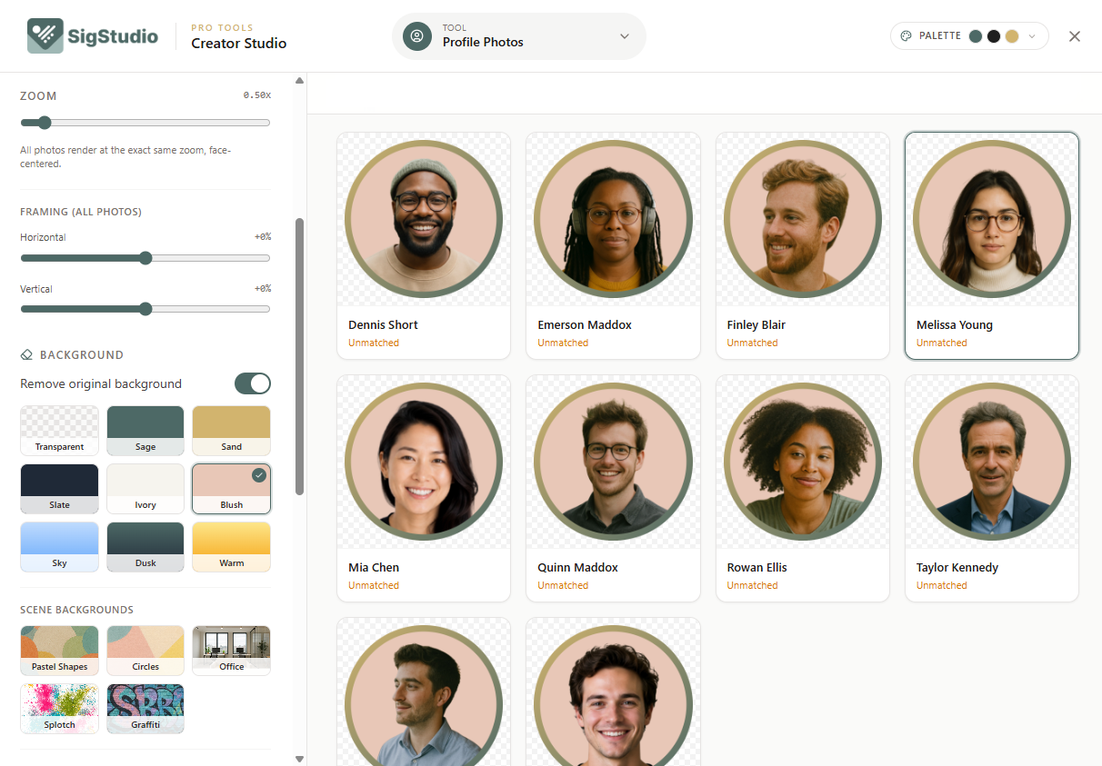 SigStudio AI Team Photo Enhancer - professional on-brand team headshots